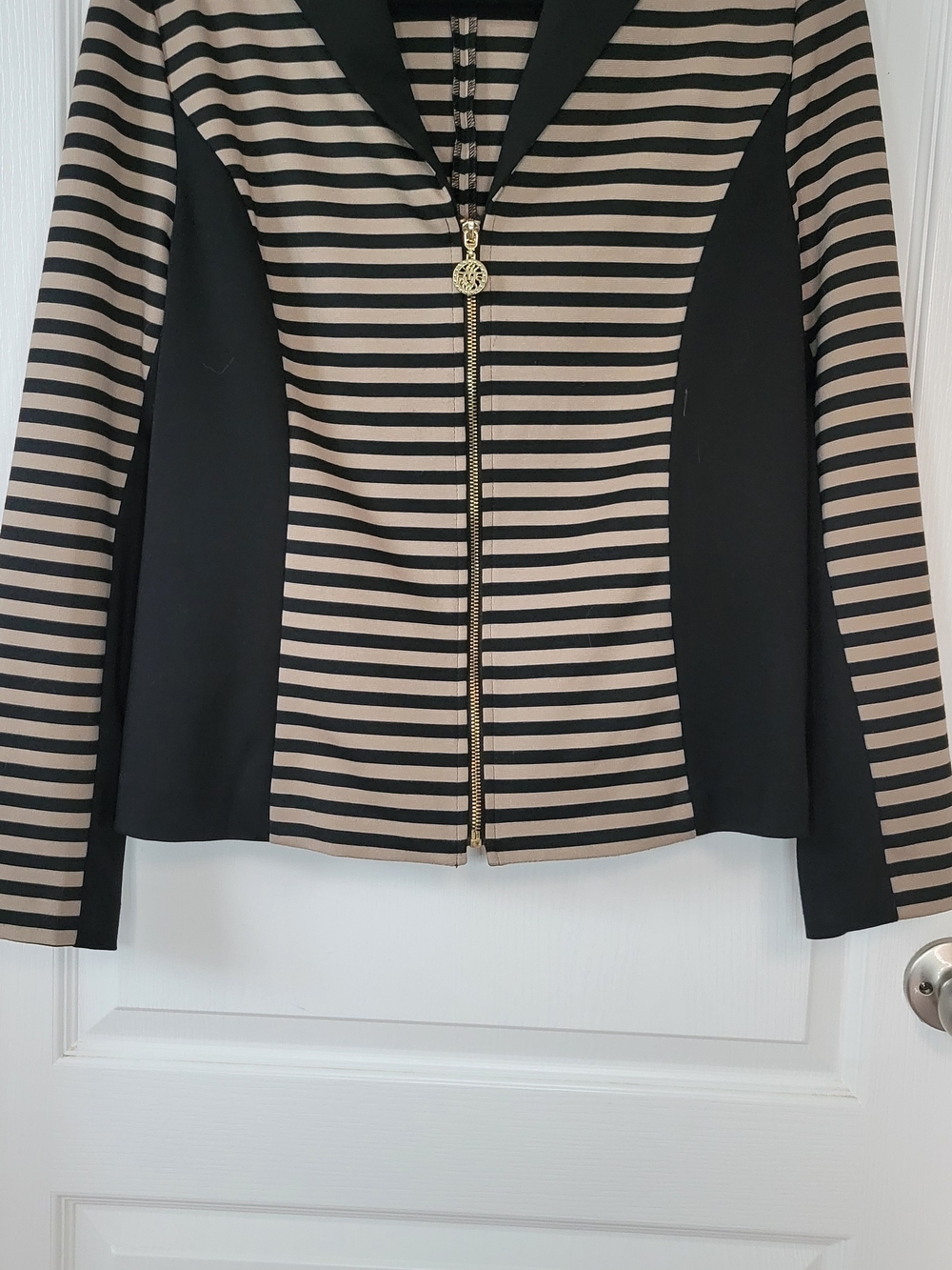 Anne Klein Knit Full Zip Jacket L Striped Black Tan Blazer Office Sire Workwear